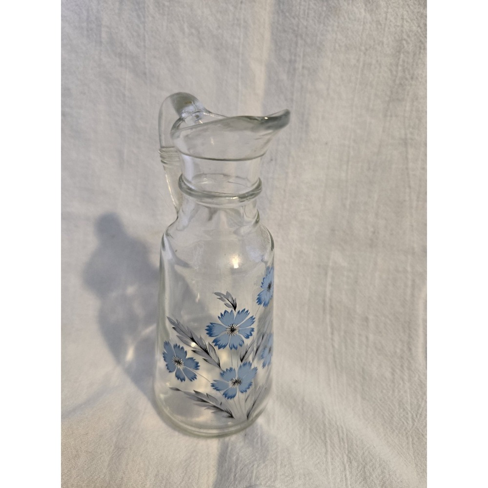 Vintage Farmhouse Glass Blue Floral Vinegar or Oil Cruet Syrup Pitcher‎ Small